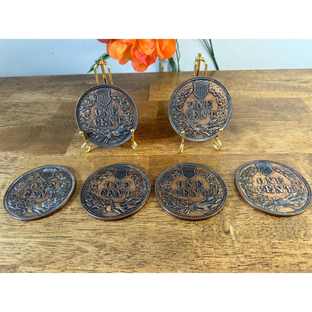 Vintage 1877 Indian Head Penny Coin Coasters Set of 6 Bronze Americana Decor